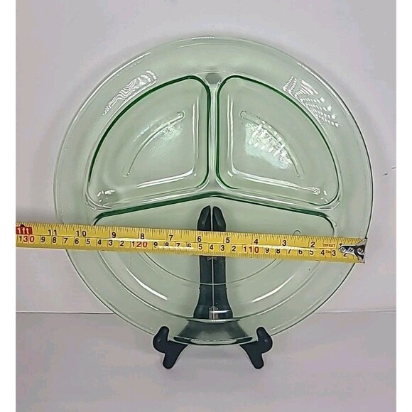 Vintage Green Uranium Depression Glass Plate Divided 3 Sections 11" 1930's - Picture 3 of 7